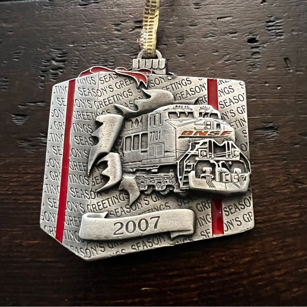 Burlington Northern Santa Fe Pewter Silver and Red Train Ornament (Year 2007)